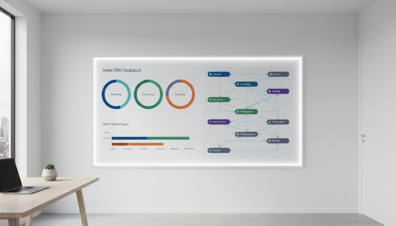 A clean, modern interface of a sales CRM dashboard showing colorful graphs, pipeline stages, and complex automation workflow nodes in a minimalist office setting.