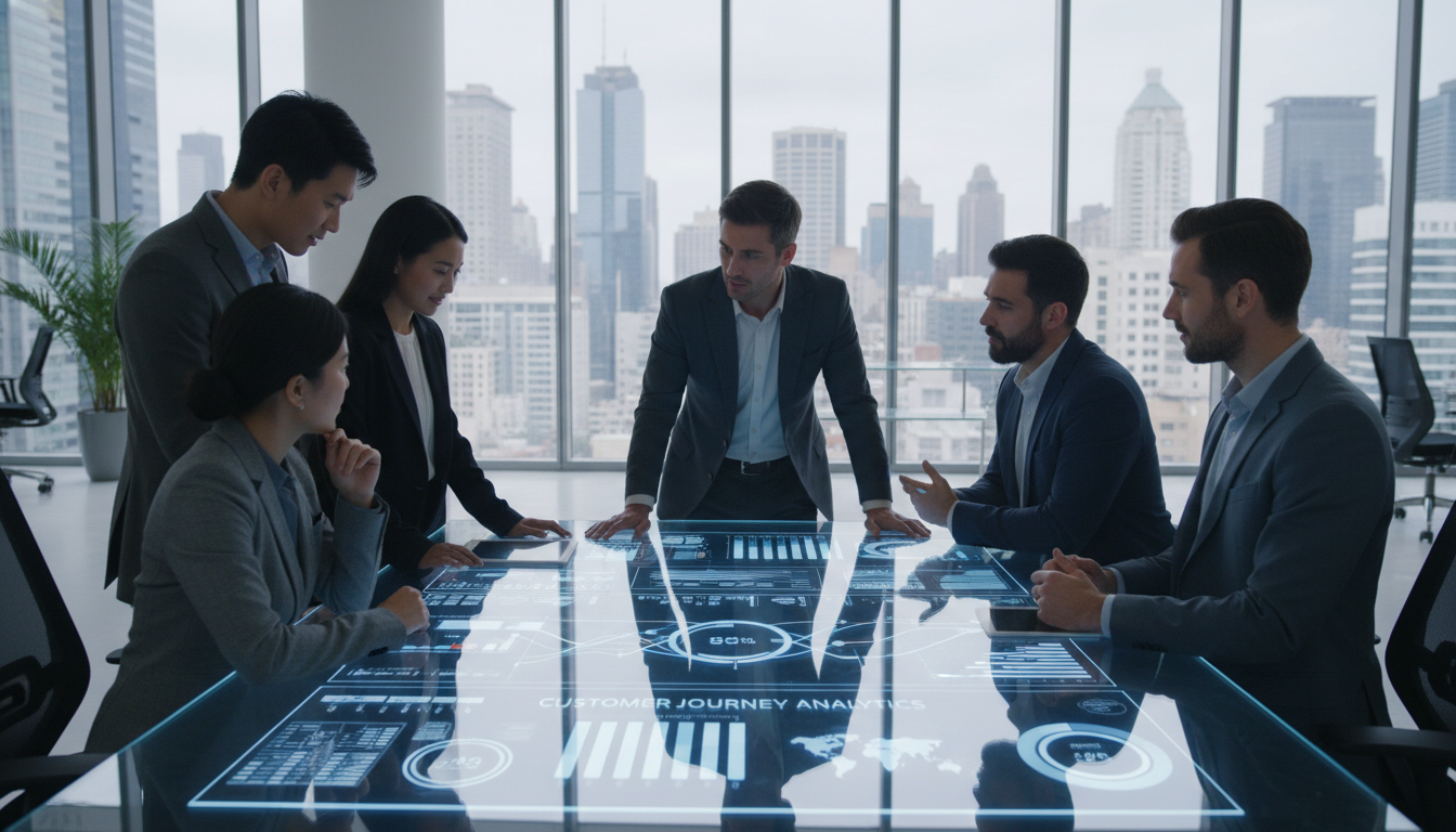 A diverse team of professional sales experts in a bright, high-tech glass office collaborating over a large touchscreen displaying real-time customer journey analytics.