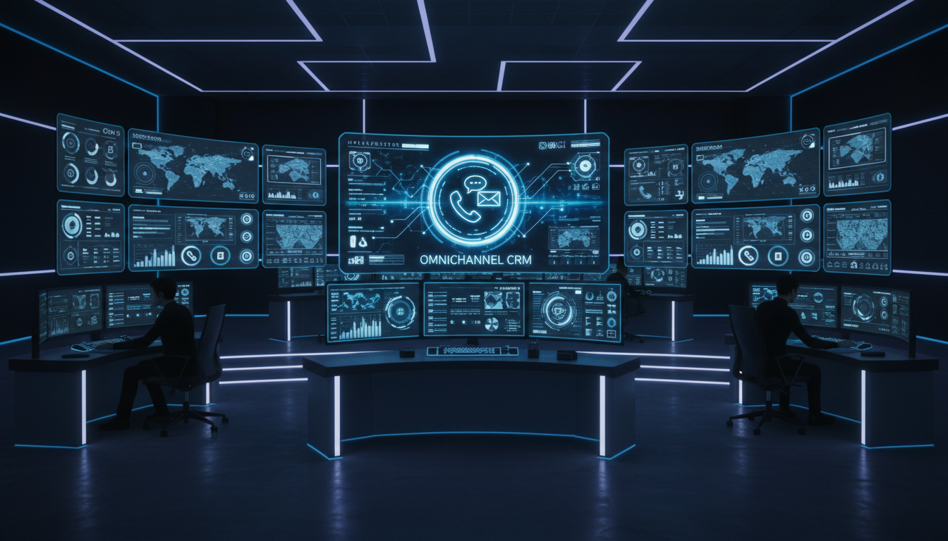 A high-tech customer support command center with large screens displaying real-time data analytics, glowing icons of chat bubbles, phones, and emails, representing a unified omnichannel CRM system, cinematic lighting.