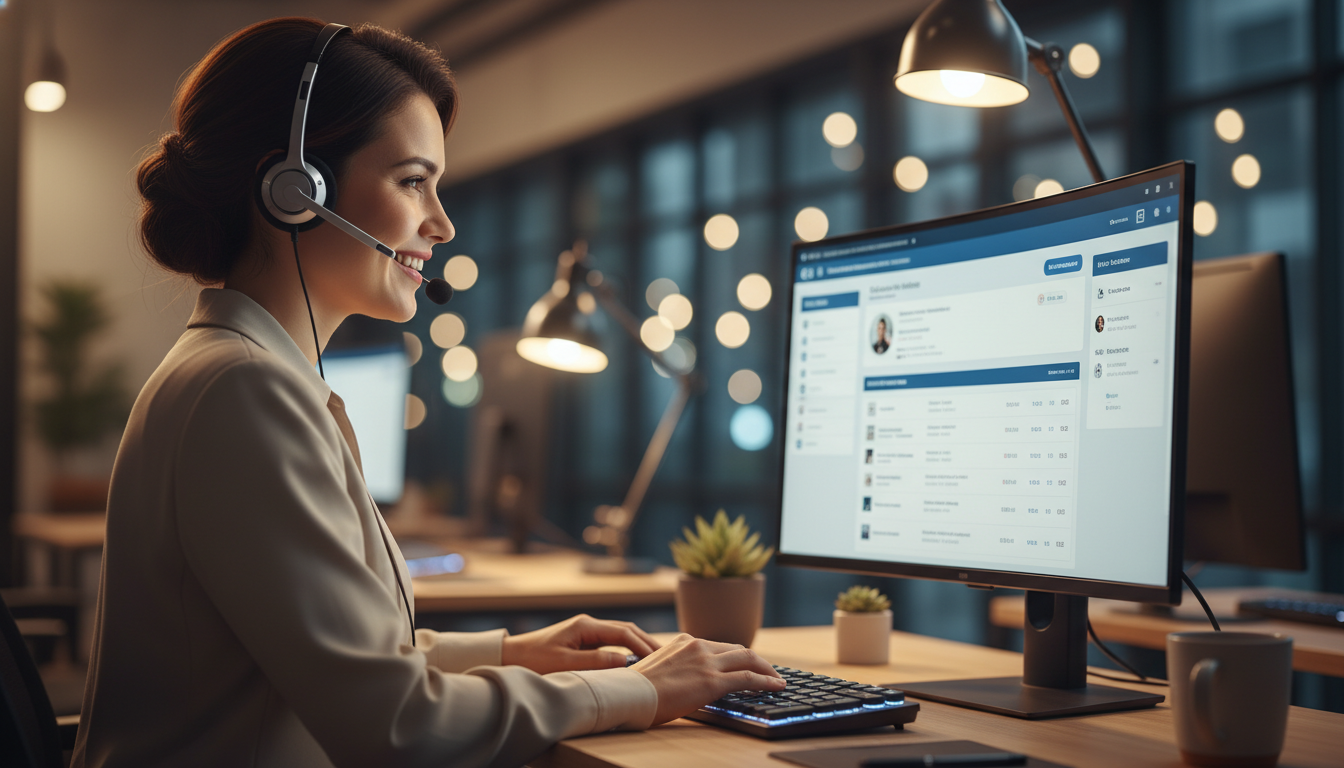 A professional, friendly customer support agent wearing a sleek headset, smiling while looking at a clean and intuitive CRM interface on a curved laptop screen, soft office lighting, bokeh background.