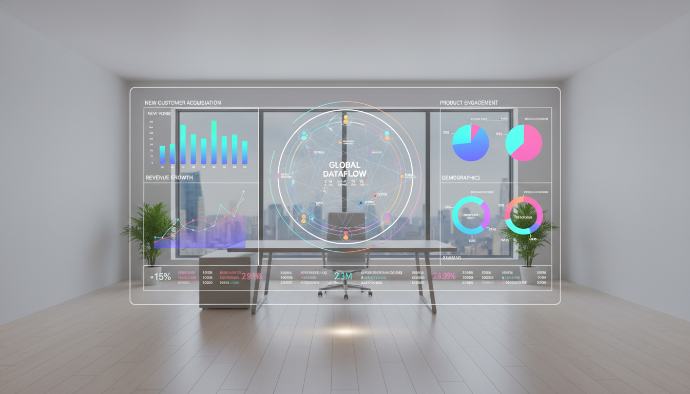 A high-tech digital dashboard showing customer analytics, colorful graphs, and interconnected nodes representing a global network, set in a clean minimalist office environment.