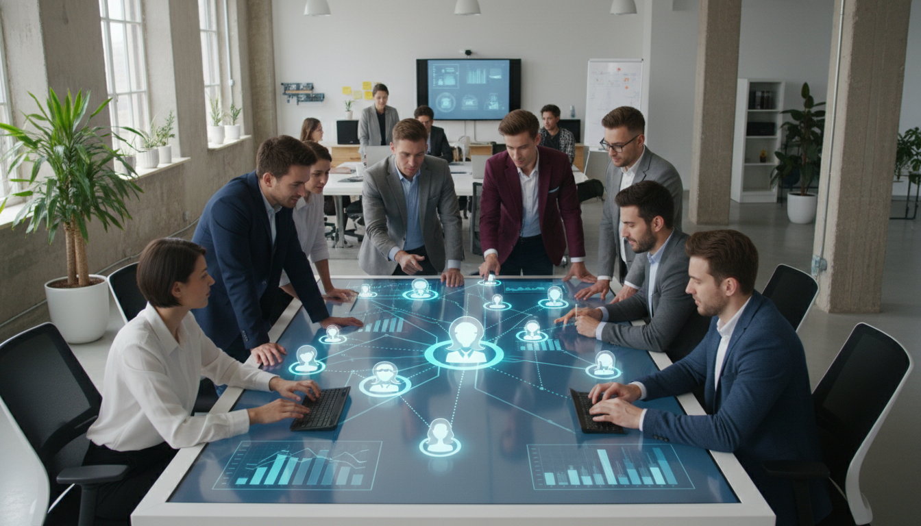 A diverse team of professionals collaborating around a large touchscreen table displaying business growth charts and 3D icons of customer profiles, bright and airy modern coworking space.