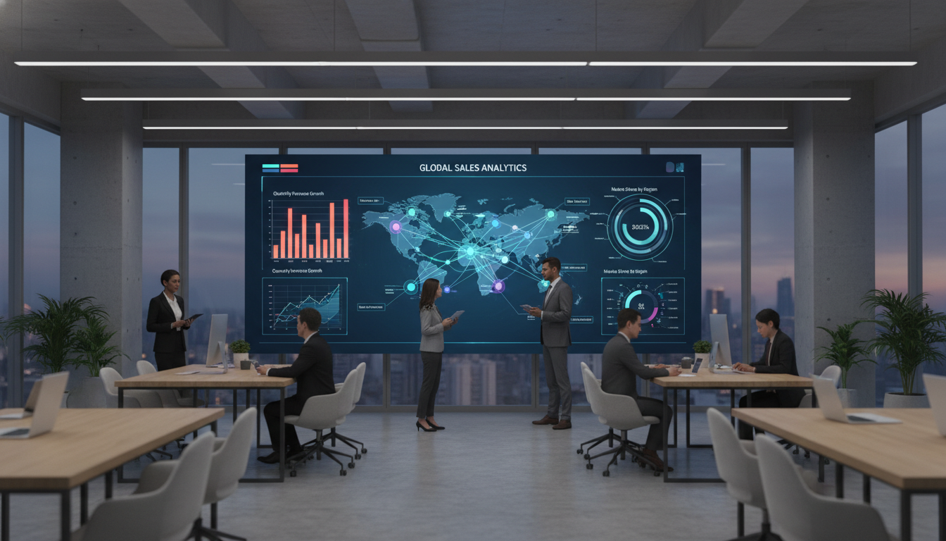 A professional modern office setting with a large digital screen displaying complex sales analytics and interconnected business data visualizations, captured in a clean, minimalist photography style.