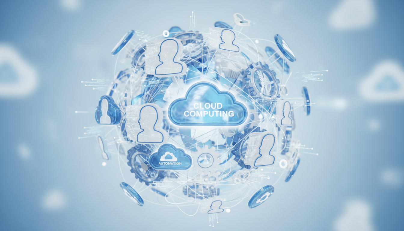 An abstract representation of global connectivity with 3D icons of cloud computing, customer profiles, and gears representing automation in a soft blue and white aesthetic.