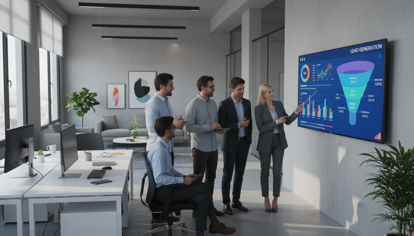A professional modern office setting with a diverse team looking at a large screen displaying a colorful digital marketing dashboard and lead generation funnel.