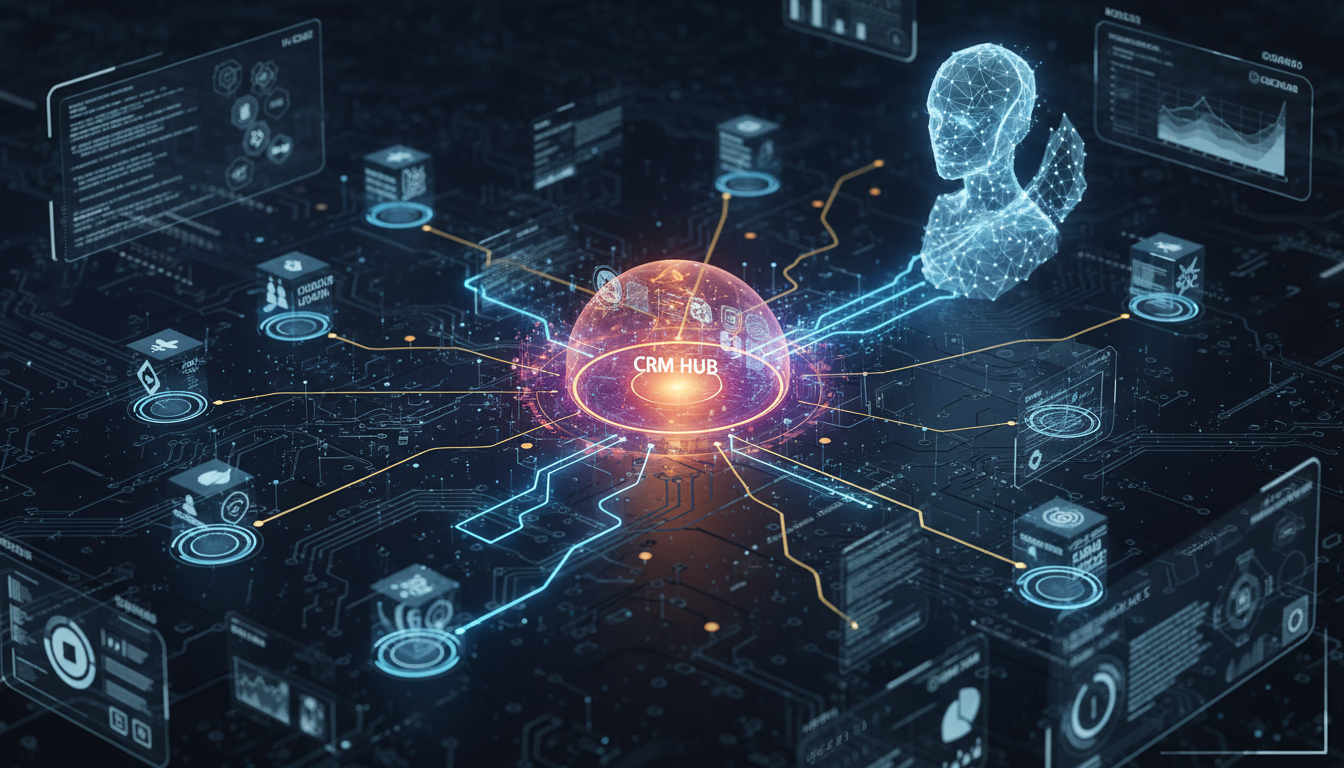 A high-tech concept illustration of artificial intelligence connecting various digital data points representing customer leads into a central glowing CRM hub.