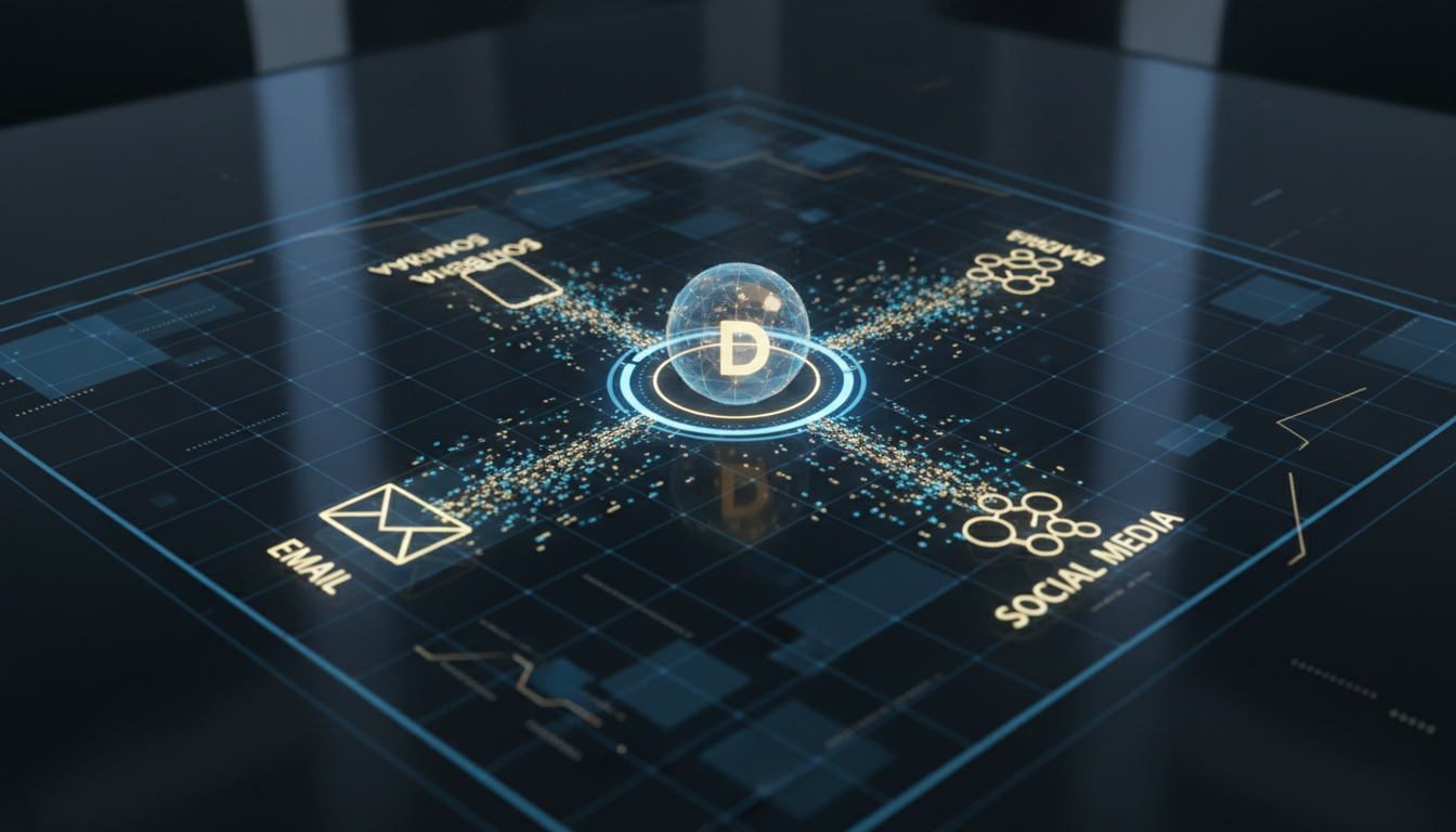 A sleek, high-tech digital interface showing a 3D visualization of data streams connecting a central database icon to various marketing channels like email, mobile, and social media, blue and gold color palette, professional lighting