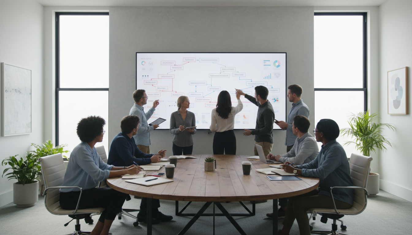 A professional modern office environment where a diverse team of strategists is analyzing a large wall-mounted screen displaying a complex but organized customer journey flowchart, soft natural lighting, collaborative atmosphere